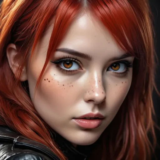 Prompt: a beautiful woman with  red hair and bangs , realism  scene, colorful, an intricate detailed, close up face, realistic scene with many small details,  dark eyeliner, freckles, big dark eyes, long eyelashes, leather jacket, realism, beautifully lit,  hd, hq, 16k, extreme detail, , close up pretty face, professional photography by Russ Mills and H. R. Giger, hyperrealism trending on Artstation, volumetric lighting, , photo illustration, 80k resolution, concept art intricately detailed, fantasy, realistic, ultra hd, realistic, vivid colors, highly detailed, UHD drawing, perfect composition, beautiful detailed intricate insanely detailed