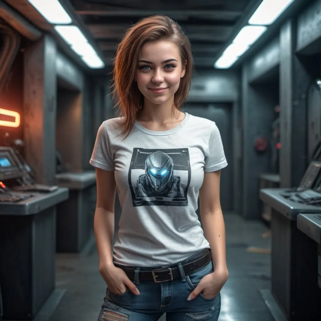 Prompt: Young space woman in t-shirt and jeans, smirking facial expression with one side of her smile upturned, raw photo, photorealistic, high detail, dramatic, UHD, HDR raw photo, realistic, sharp focus, 8K high definition, insanely detailed, intricate, high quality, cyberpunk, dramatic lighting, futuristic setting, urban environment, cool tones