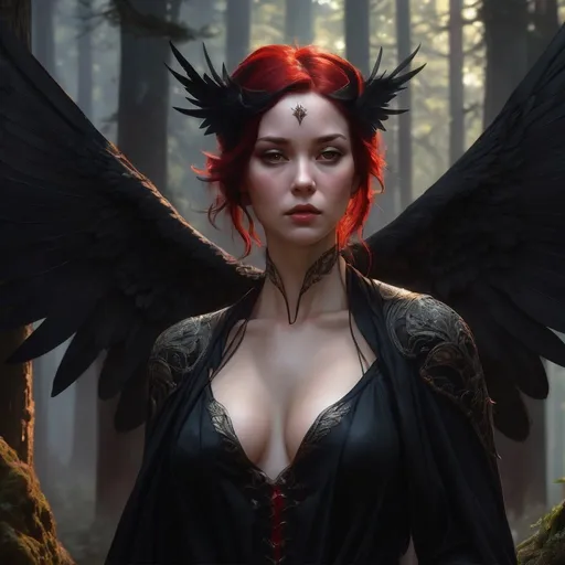 Prompt: a beautiful cinematic female seraphim, deep cleavage, black wings slightly burnt, fantasy forest landscape, fantasy magic, undercut hairstyle, short red black fade hair, dark light night, intricate, elegant, sharp focus, illustration, highly detailed, digital painting, concept art, matte, art by WLOP and Artgerm and Greg Rutkowski and Alphonse Mucha, masterpiece