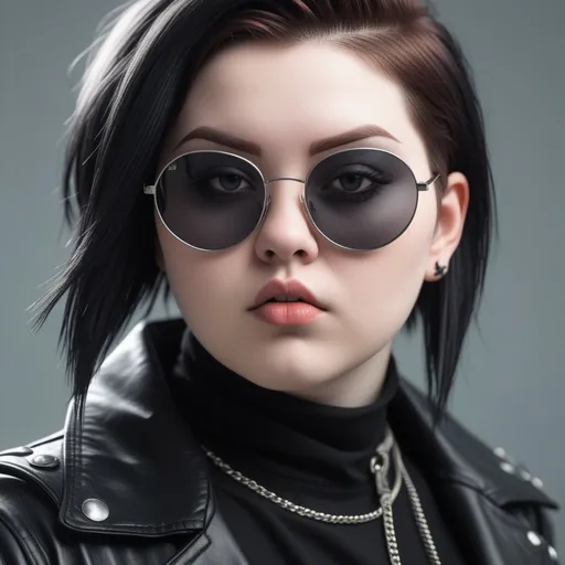 Prompt: realistic high key portrait photo of a beautiful chubby pale goth girl with asymmetrical punk rock hair and badass euro design sunglasses hiding a secret. mole on cheek. half portrait by stanley artgerm, dramatic lighting, by nagel, shin jeongho, nick silva and ilya kuvshinov, deviantart, detailed character design, 8 k resolution