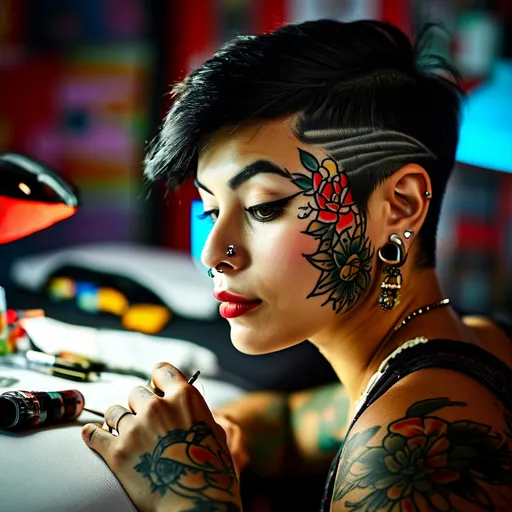 Prompt: A striking portrait of a tattoo artist, showcasing their artistry and creativity in the world of body ink, Inked expressions, Close-up shot focusing on the tattoo artist's face and intricate tattoo designs, Edgy and contrasting lighting reflecting the tattoo parlor environment, Bold and vibrant tones representing the world of tattoo art, Expressive and unconventional mood, Tattoo artist portrait photography, Influenced by the works of Scott Campbell --ar 3:2