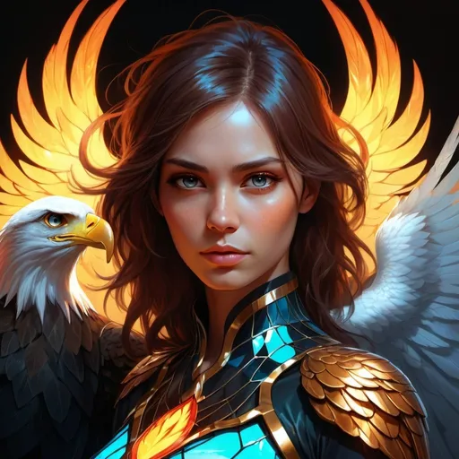 Prompt: eagle lady, flaming wings, fantasy, bioluminiscence, flowing hair, portrait, highly detailed, digital painting, beautiful eyes, symmetry, concept art, sharp focus, illustration, art by artgerm greg rutkowski magali villeneuve wlop ilya kuvshinov stained glass