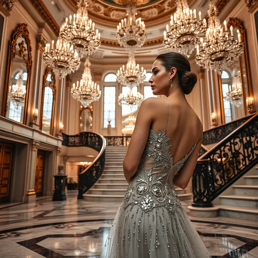 Prompt: (model by grand staircase), (expansive ballroom), marble floors, high ceilings, sparkling chandeliers, soft reflections in mirrors, exquisite sequined designer bodice, glamorous atmosphere, opulent ambiance, refined elegance, luxurious details, classic architecture, HD, ultra-detailed, dramatic lighting, fashion photography style