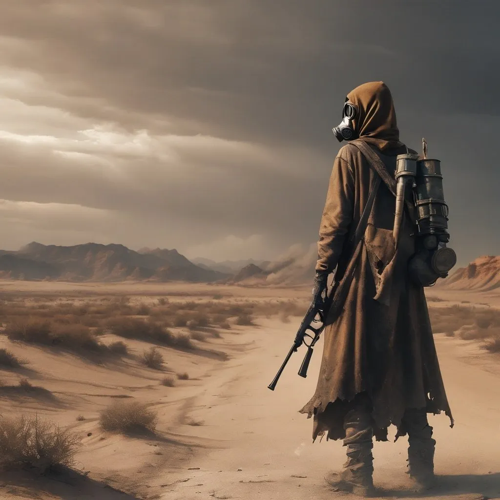 Prompt: Lone wanderer with rifle, desert, tattered cloak, gas mask, resilient, post-apocalyptic, 4k, detailed, intense lighting, warm earthy tones, desolate landscape, detailed textures, professional, gritty