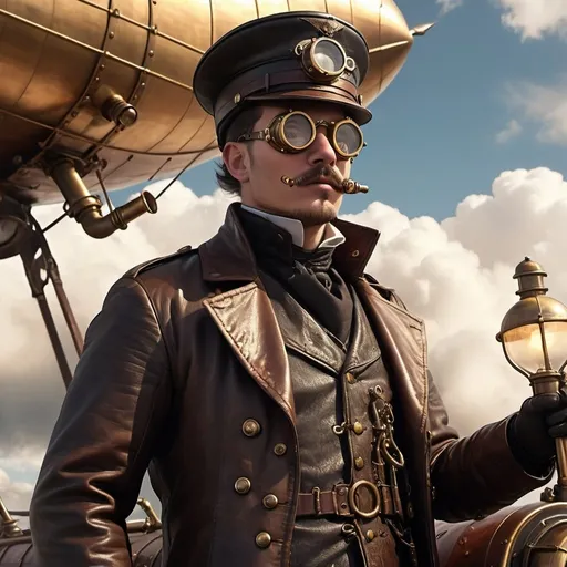Prompt: Steampunk airship captain, atop a Victorian-era dirigible, detailed brass instruments, goggles reflecting the clouds, leather coat billowing in the wind, rugged face, realistic textures of steam and metal, dynamic sky backdrop with a setting sun, high-resolution, adventurous spirit, fantastical industrial era design, 4k --ar 16:9 --s 130