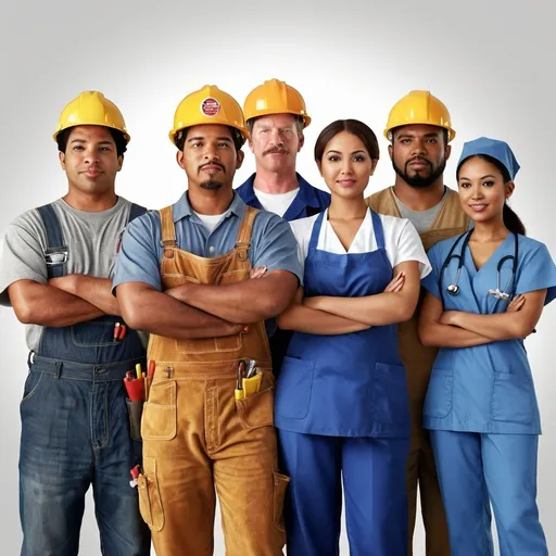 Prompt: In celebration of Labor Day in the United States, compose a photorealistic picture of five laborers representing (teachers, construction workers, electricians, nurses, fast food workers, etc.) Multicultural, multiethnic, Diverse