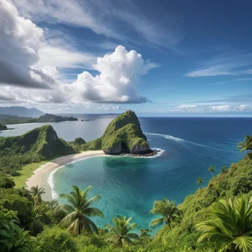 Prompt: long shot scenic professional photograph of a lush pacific island perfect viewpoint, highly detailed, wide-angle lens, hyper realistic, with dramatic sky, polarizing filter, natural lighting, vivid colors, everything in sharp focus, HDR, UHD, 64K