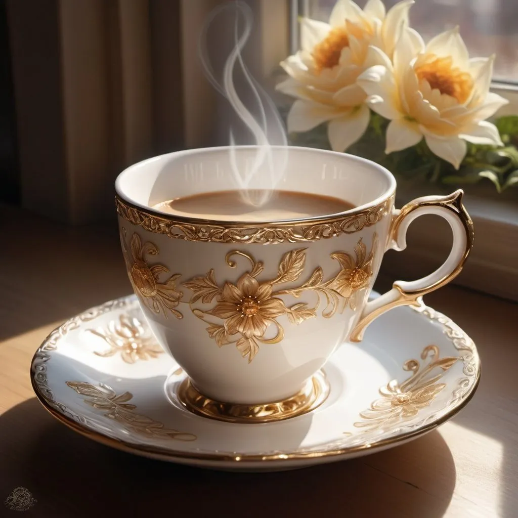 Prompt: Realistic fantasy painting of a delicate coffee cup and saucer, morning sunlight filtering through, intricate floral design on cup, Anne Stokes inspired, high quality, fine art, morning light, realistic fantasy, delicate details, floral cup design, morning atmosphere, sunlight, fine art painting