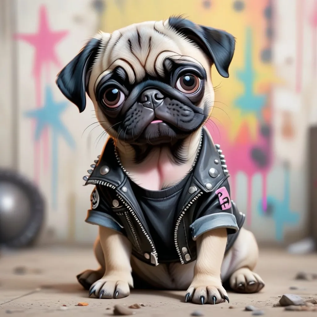 Prompt: pug puppy looking adorable, in punk art style