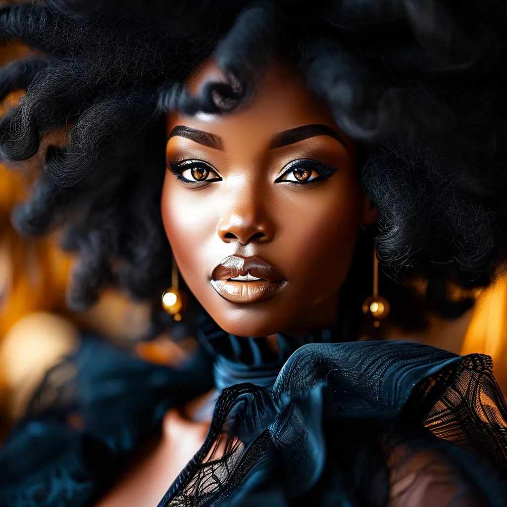 Prompt: photorealistic image, African American High Fashion Glamour Model with beautiful black hair and striking brown colored eyes, (elegant setting), elegant fancy dress exquisite pose, detailed facial features, (high detailed skin:1.2), refined clothing with sophisticated styling, soft lighting creating a dreamy atmosphere, (8k UHD, DSLR), rich film grain texture, Fujifilm XT3, high-quality composition, artistic depth and allure, captivating elegance, luxurious ambiance, inviting and glamorous mood.