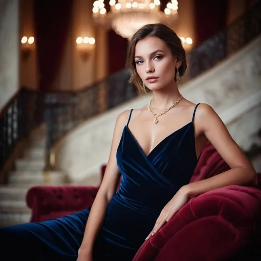 Prompt: Personal portrait of stunningly beautiful fashion model, velvet couch, grand staircase in blurred backdrop, dreamlike lighting, professional photography, elegant pose, high contrast, bokeh effect, fine art, high-end luxury, Hasselblad camera, 100mm lens, F 1.2 aperture, dreamy atmosphere, glamorous, detailed features, best quality, highres, professional lighting