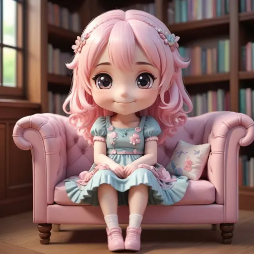 Prompt: Kawaii 3D render of a smiling, tiny cute chibi, full body, light pink hair, girl sitting on a couch in a detailed library, wearing a dress, beautiful whimsical contrast colors, highly detailed, 4k, vibrant colors, anime style, detailed dress, pastel tones, cozy lighting