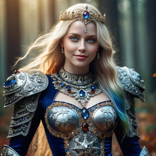 Prompt: a detailed full body portrait of a smiling beautiful blond nordic gothic goddess, deep blue eyes, full body jewel encrusted armour ornately decorated, hazy magical forest in the  background, stars in the sky, sharp focus on face, small details high image detail 120k, fine detailed drawing, professional photoshoot, professional photographer, HDR, UltraHD, a lot of details, intricate details, pixel study, 3D, detail, photorealism, majestic, stunning, elegant, brilliant , sumptuous, unique, something new, magnificent, fantasy, lovely, epic, with glowing jewellery, long hair blowing in the wind, wind rainbow coloured hair, wearing diamond encrusted silk armour, silver, gold, deep blue, deep red, deep rainbow colours.