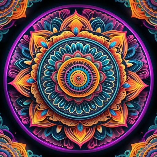 Prompt: (3D Mandala), vibrantly colorful, intricate patterns, mesmerizing designs, high depth, ultra-detailed rendering, dynamic symmetry, captivating shapes, breathtaking visual harmony, lumen-lit, ethereal glow, harmonious color palette, magic and peace embodied, stunning geometric artistry, immersive and dreamlike composition, high quality, 4K resolution, ideal for meditation or relaxation purposes.