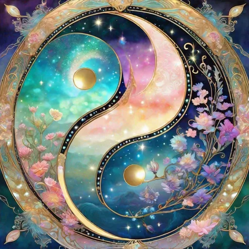 Prompt: insanely detailed gorgeous sparkling pastel yin yang with one side as pastel blooming nature and other side with pastel ocean, surrounded by glowing illuminated sparkles, Stylized watercolor, iridescent, Fantastical, Intricate, Fantasycore, Scenic, Hyperdetailed, Royo, Bagshaw, Chevrier, Ferri, Kaluta, Minguez, glowing edges, beautiful pastel colors, Mucha, Cina. Cinematic, WLOP