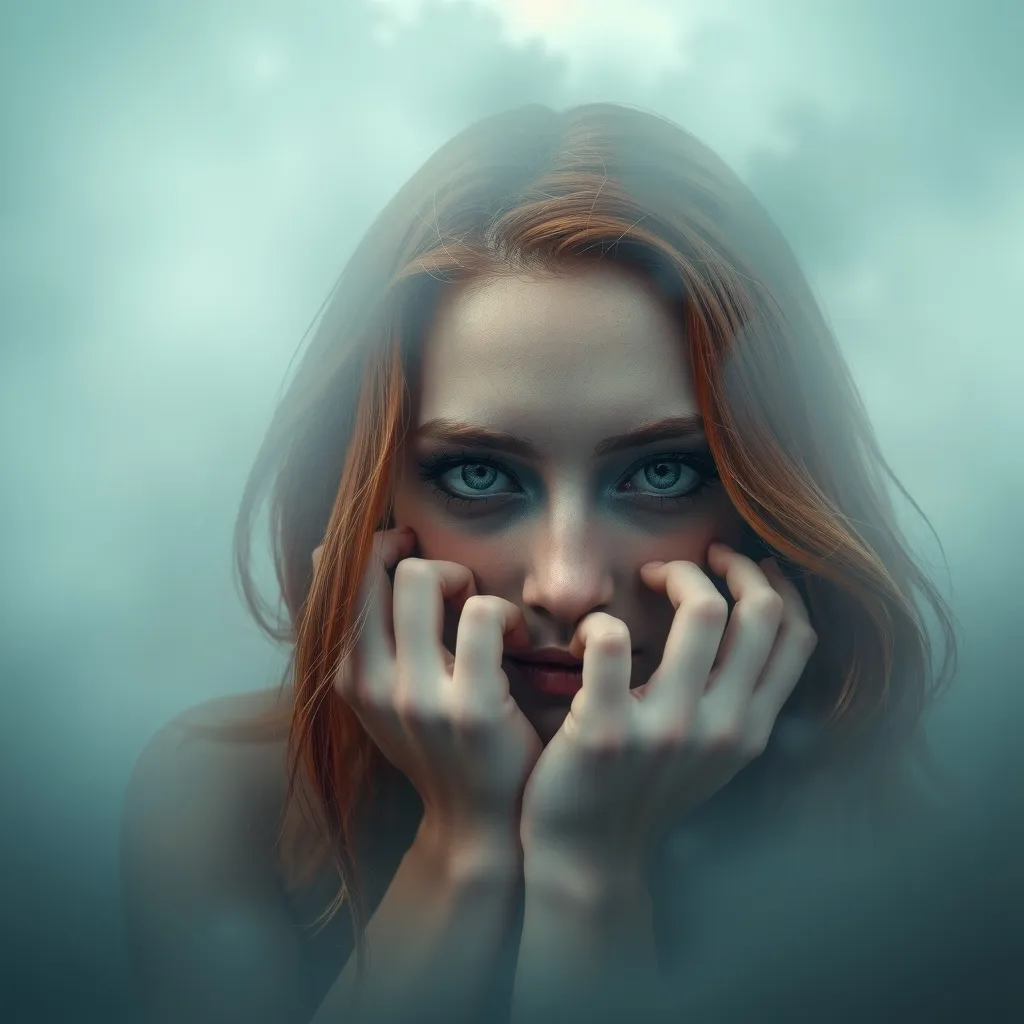 Prompt: photorealistic, (high resolution), red haired female model with haunting hazel colored eyes, introspective pose with her face cradled in hands, her gaze is directly into the camera, she is enveloped in a thick fog with nothing else visible, serene and tranquil ambiance, cool muted color tones, subtle light filtering through mist, creating an ethereal atmosphere, fine details on facial features, (ultra-detailed) background scenery of soft silhouettes.