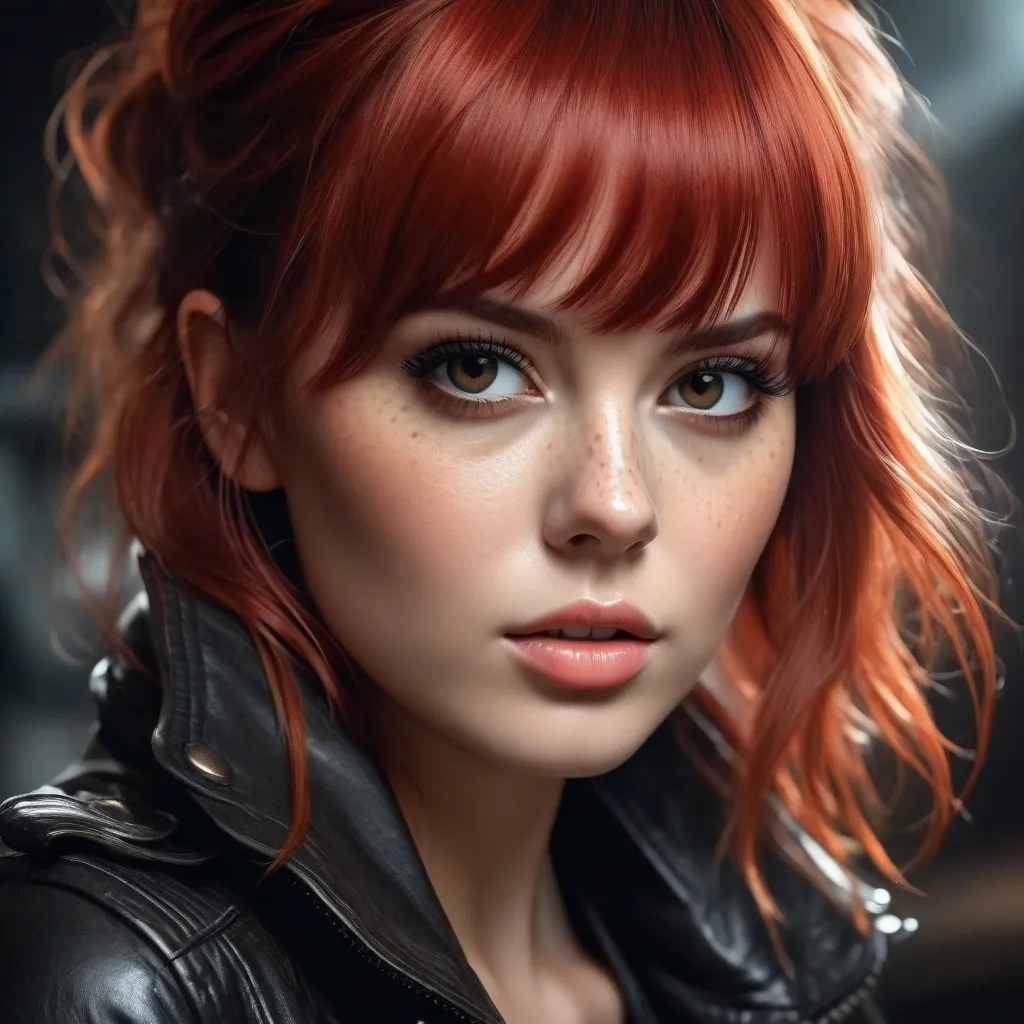Prompt: a beautiful woman with  red hair and bangs , realism  scene, colorful, an intricate detailed, close up face, realistic scene with many small details,  dark eyeliner, freckles, big dark eyes, long eyelashes, leather jacket, realism, beautifully lit,  hd, hq, 16k, extreme detail, , close up pretty face, professional photography by Russ Mills and H. R. Giger, hyperrealism trending on Artstation, volumetric lighting, , photo illustration, 80k resolution, concept art intricately detailed, fantasy, realistic, ultra hd, realistic, vivid colors, highly detailed, UHD drawing, perfect composition, beautiful detailed intricate insanely detailed