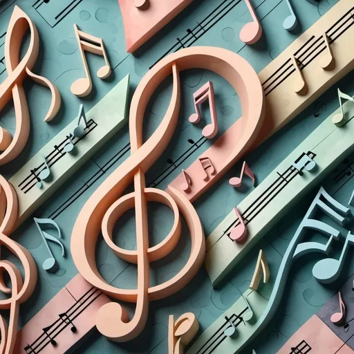 Prompt: Muted 3D paper design of musical theme, highly detailed, notes, lines, clefs, watercolor, pastel, heavenly, tiled, highres, ultra-detailed, 3D rendering, heavenly color tones, intricate details, muted design, music theme