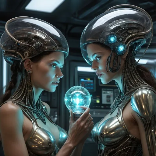 Prompt: Ladies in holograms of alien artifacts, electrical case display, total recall tech,, ultrarealistic, dramatic lighting, electrical details, high details, 4k, 8k, best, accurate, trending on artstation, artstation, photorealism, ultrarealistic, digital painting, style of Peter Mohrbacher, Caravaggio, Hajime Sorayama and Boris Vallejo