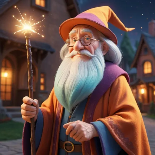 Prompt: 3D render of a wise old wizard holding a magic wand, Disney Pixar style, cinematic village setting, vibrant and warm color palette, detailed facial features, magical glow, whimsical atmosphere, high-quality, 4k, cinematic, Disney Pixar, 3D render, wise old wizard, magic wand, vibrant colors, cinematic village setting, detailed facial features, magical glow, whimsical atmosphere
