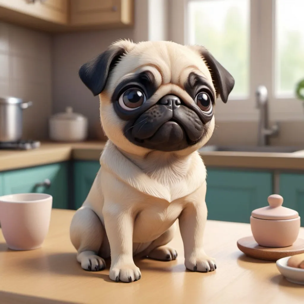 Prompt: tiny cute Pug Puppy on a kitchen table, standing character, soft smooth lighting, soft pastel colors, skottie young, 3d blender render, polycount, modular constructivism, pop surrealism, physically based rendering, square image