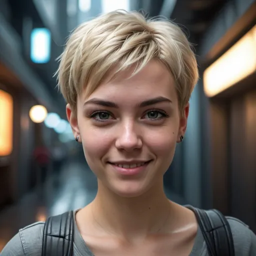 Prompt: Young space blond woman with a short pixie hair style, in t-shirt and jeans, smirking facial expression with one side of her smile upturned, beauriful deep dimpled cheeks, raw photo, photorealistic, high detail, dramatic, UHD, HDR raw photo, realistic, sharp focus, 8K high definition, insanely detailed, intricate, high quality, cyberpunk, dramatic lighting, futuristic setting, urban environment, cool tones