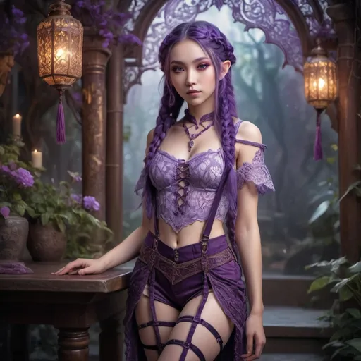 Prompt: Young elf girl with braided purple long hair, asian look, violet eyes, intricate lace top, suspenders, full body shot, fantasy setting, ultra-detailed, fantasy, ethereal, intricate details, vibrant colors, professional, enchanting lighting, long legs, detailed eyes, light skin, sleek design, atmospheric lighting