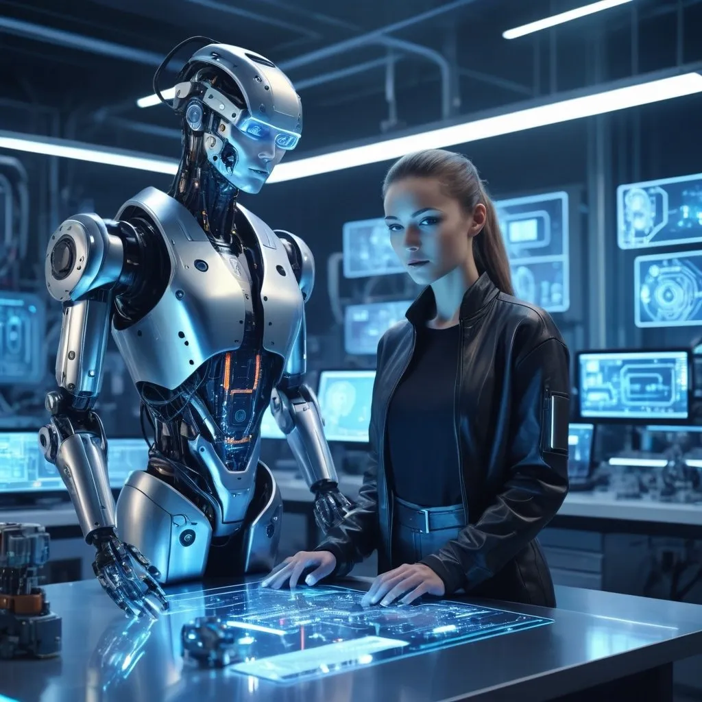 Prompt: Cybernetic engineer in a futuristic lab, surrounded by advanced robotics, holographic displays, neon lighting reflecting on metallic surfaces, detailed workbench with high-tech tools, focused gaze, realistic textures of circuitry and steel, dynamic composition, high-resolution, sci-fi innovation theme, 4k --ar 1:2 --s 110