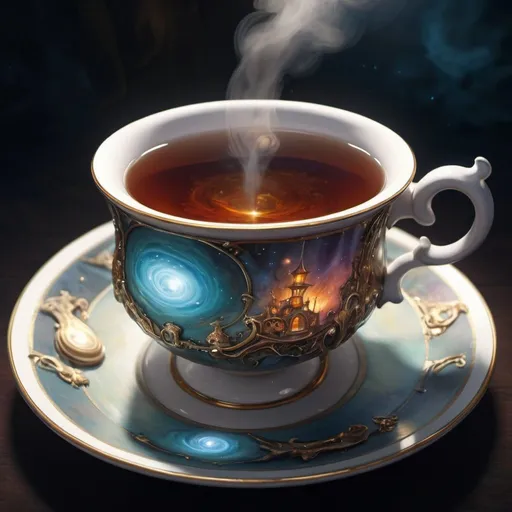 Prompt: A tea cup full and from its steam galaxies are forming, detailed scene, digital painting, hyperrealistic, fantasy, Surrealist, by Ciro Marchetti and Brian Froud, artstation, highly detailed, sharp focus, wide angle shot, sci-fi, stunningly beautiful, utopian, soft bright colours, cinematic lighting, dark