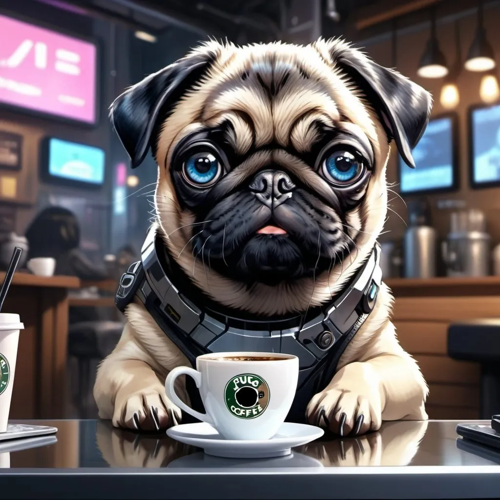 Prompt: Anime cyberpunk illustration of a pug puppy, detailed fur with cool reflections, adorable and expressive eyes, cozy coffee shop setting, futuristic signs in the background, high-tech accessories, best quality, HD, ultra-detailed, anime, cyberpunk, detailed eyes, cozy atmosphere, futuristic lighting