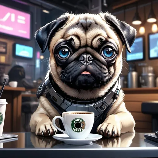 Prompt: Anime cyberpunk illustration of a pug puppy, detailed fur with cool reflections, adorable and expressive eyes, cozy coffee shop setting, futuristic signs in the background, high-tech accessories, best quality, HD, ultra-detailed, anime, cyberpunk, detailed eyes, cozy atmosphere, futuristic lighting