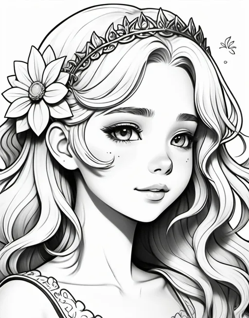 Prompt: A stunning monochrome coloring page of Adorable Fantasy young adult princess ,white hair with loose waves and a floral hair accessory, face portrait profile radiating pure joy and happiness, adorable, charming, kawaii, cute , pure white background, black and white color, crisp drawing line,extremely high quality colouring book style, anime style, an illustration that pays tribute to the iconic styles of Artgerm, Aleksi Briclot, and Charlie Bowater, created in a digital professional line art style, with simple vector crisp lines, the clean and bold lines found in cute cartoon styles of [Aleksi Briclot] with a low level of detail to give it a clarity and clean appearance. The cartoon is bold and clean and crisp line art, ink drawing in kawaii cartoon style
