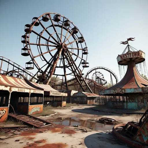 Prompt: A wasteland scene featuring a rusted-out amusement park, with crumbling rides, twisted metal, and a haunting reminder of a lost era. --ar 3:2