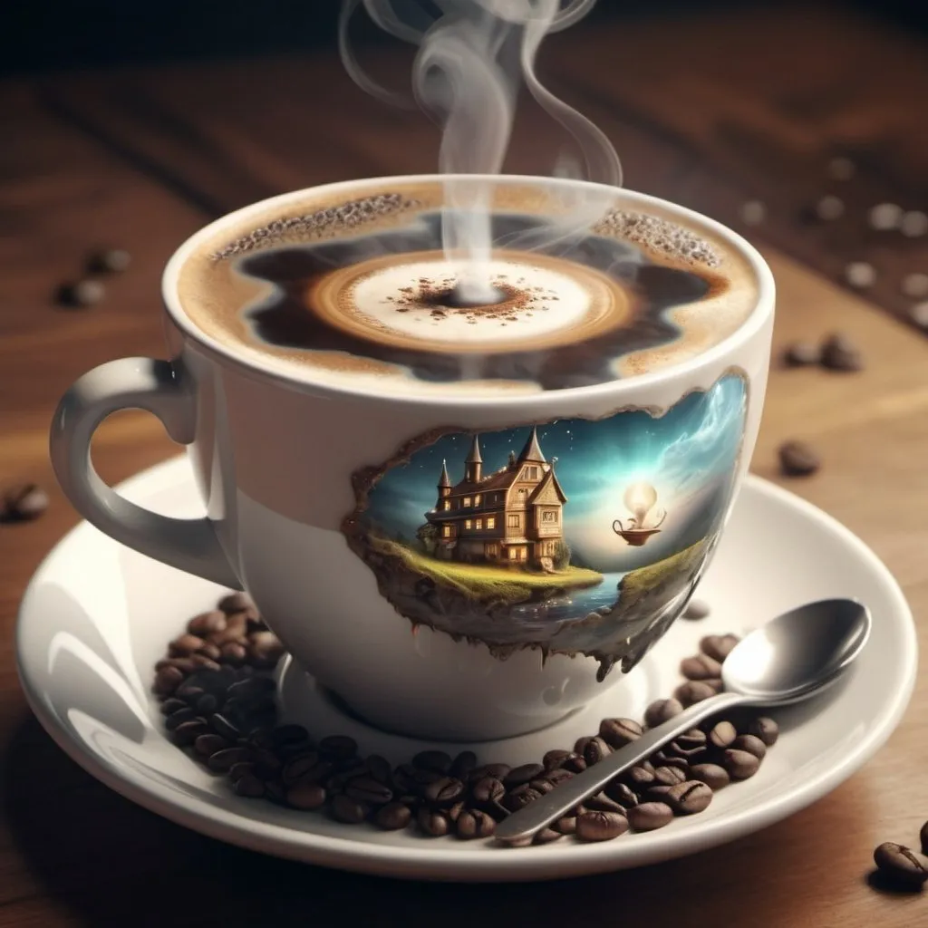 Prompt: Fantasy themed in cup of coffee with steam rising dreamlike and whimsical. 
 Surrealism. Photorealistic. HDR. UHD. 8K 