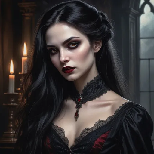 Prompt: Highly detailed gothic painting of a beautiful female vampire, trending on ArtStation, dark and atmospheric, detailed facial features, traditional painting, ethereal presence, flowing black hair, intense and alluring gaze, elegant Victorian attire, dark and moody color palette, dramatic lighting, high quality, artstation trending, traditional painting, detailed eyes, ethereal, intense gaze, elegant attire, dark palette, dramatic lighting