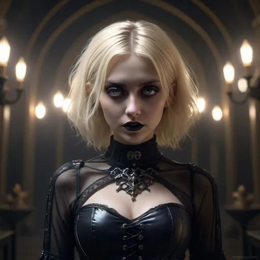 Prompt: Highly detailed goth blonde in a surreal setting, detailed facial features, short skirt, surreal, highres, detailed face, goth, blonde, atmospheric lighting, surreal setting