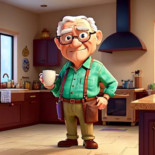 Prompt: old man standing in a kitchen holding a cup of coffee, humerous, vibrant colors