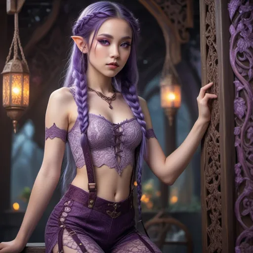Prompt: Young elf girl with braided purple long hair, asian look, violet eyes, intricate lace top, suspenders, full body shot, fantasy setting, ultra-detailed, fantasy, ethereal, intricate details, vibrant colors, professional, enchanting lighting, long legs, detailed eyes, light skin, sleek design, atmospheric lighting