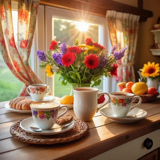 Prompt: (Morning Mug of Coffee), beautifully adorned breakfast table, vibrant flowers, (brightly lit early morning), colorful drapes, cozy countryside background, warm sunlight streaming through kitchen window, inviting atmosphere, fresh and cheerful ambiance, intricate table settings, ultra-detailed, high-quality image, harmonious blend of colors, radiating warmth and comfort.