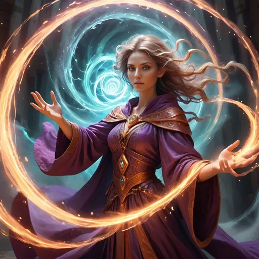 Prompt: powerful sorceress, swirling vortex of magic, mystical prowess, close-up, dramatic lighting, vibrant, concept art, 16:9 aspect ratio, high quality, detailed, fantasy, magical, vibrant colors, swirling energy, detailed facial features, flowing robes, intense gaze, mystical atmosphere