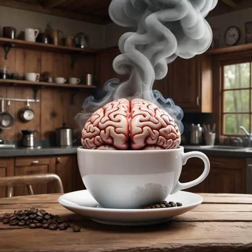 Prompt: A cup of coffee with smoke rising from it in the shape of a brain .. with a calm backgroundn of wood table and rustic kitchen setting, realistic, detailed