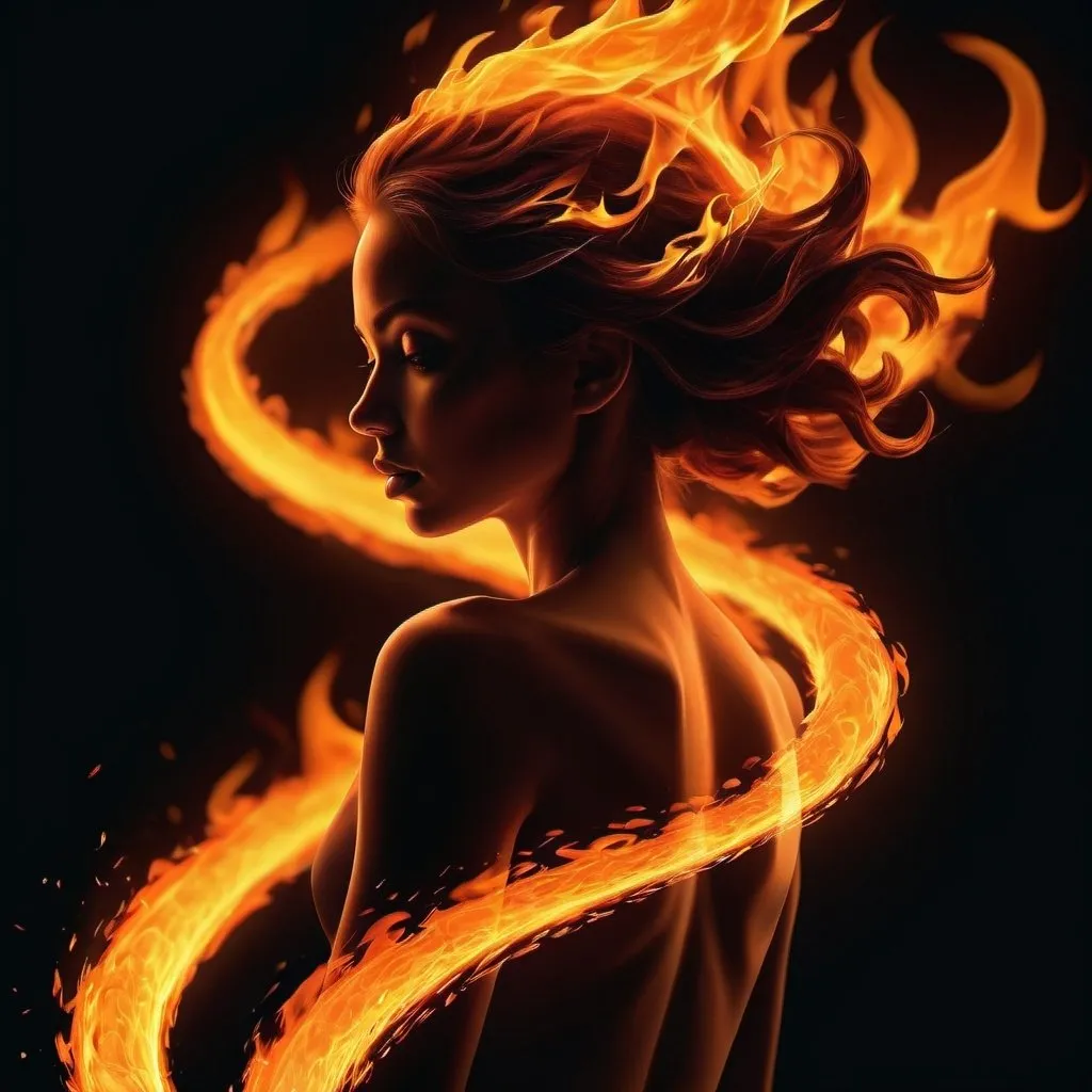 Prompt: High Resolution, photorealistic, sleek illustration of a girl made of fire, swirling flames, fiery silhouette, high-contrast, high-res, 4d design, abstract, fiery tones, sleek lines, stylish, intense lighting