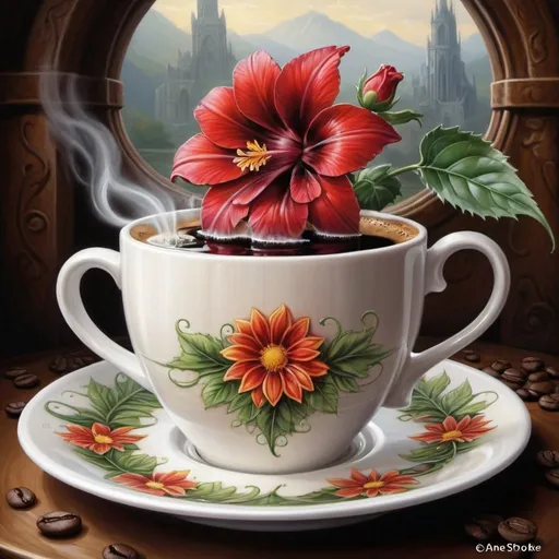 Prompt: a cup of coffee with a flower on top of it and a saucer with a liquid in it, Anne Stokes, fantasy art, morning, a fine art painting