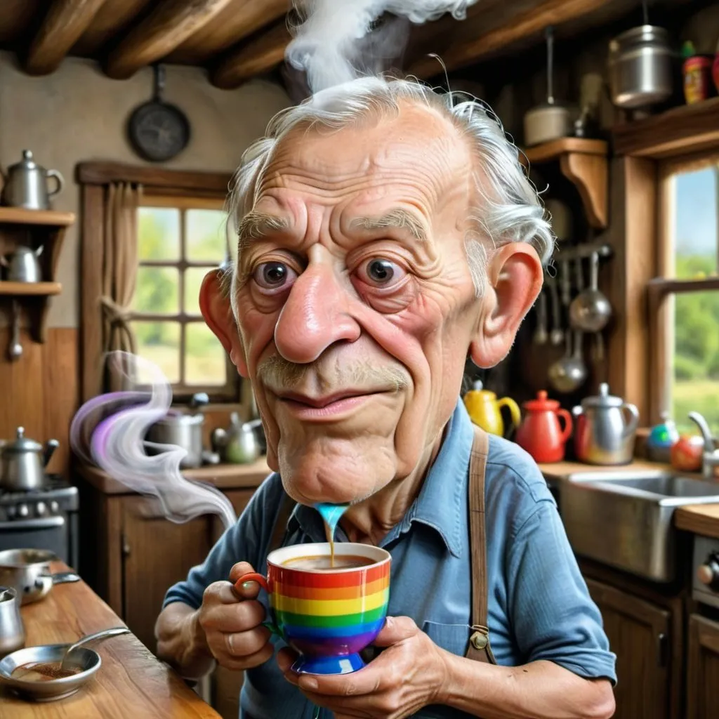 Prompt: Old man in a country kitchen setting holding a brightly colored rainbow cup contain ing steaming coffee