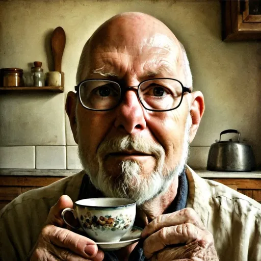 Prompt: Detailed oil painting of a totally bald, bearded old man in a cozy kitchen, warm and rustic color tones, soft natural lighting, wrinkled and wise expression, weathered hands holding a teacup, vintage kitchen utensils, wooden furniture, high quality, oil painting, old age, cozy, rustic, warm tones, natural lighting, detailed wrinkles, vintage, kitchen setting, wise expression, serene atmosphere