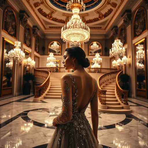 Prompt: (model by grand staircase), (expansive ballroom), marble floors, high ceilings, sparkling chandeliers, soft reflections in mirrors, exquisite sequined designer bodice, glamorous atmosphere, opulent ambiance, refined elegance, luxurious details, classic architecture, HD, ultra-detailed, dramatic lighting, fashion photography style