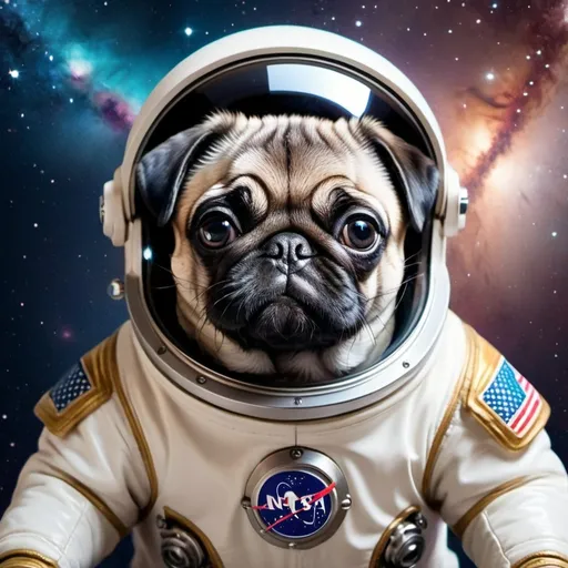 Prompt: Small pug puppy dog in a spacesuit, bird's eye view from space, spaceship with soft bright colors, detailed Milky Way galaxy, high quality, vivid colors, space theme, cute design, detailed spacesuit, futuristic, cosmic, adorable, vibrant colors, space scenery, spaceship, starscape, puppy, astronaut, detailed fur, galaxy details, highres, ultra-detailed, cute, cosmic view