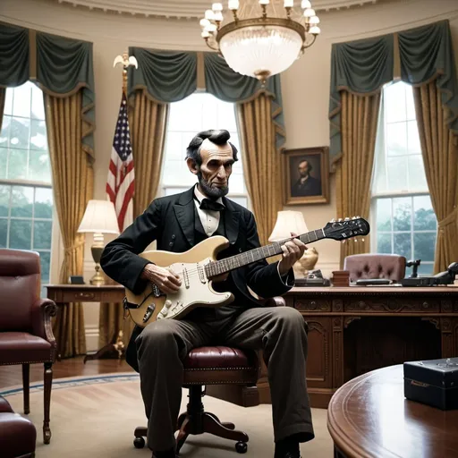 Prompt: Photorealistic Abe Lincoln playing electric guitar in the oval office, highly detailed, old photo, muted colors, Stratocaster guitar, historical, vintage feel, realistic details, professional, professional lighting, vintage, highly-detailed, old photo, muted colors