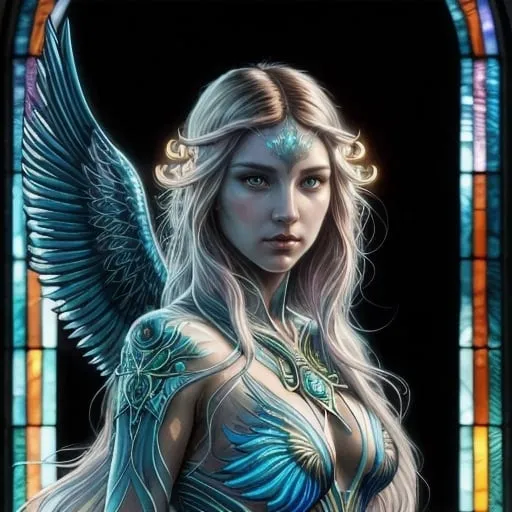 Prompt: Eagle lady with flaming wings, bioluminescent fantasy portrait, highly detailed digital painting, flowing hair, beautiful eyes, sharp focus, symmetry, concept art, illustration, stained glass, art by artgerm, greg rutkowski, magali villeneuve, wlop, ilya kuvshinov, vibrant colors, ethereal lighting, fantasy, majestic, art nouveau, best quality, highres, ultra-detailed, concept art, digital painting, bioluminescent, stained glass, vibrant colors, majestic, fantasy, art nouveau, highly detailed, beautiful eyes, symmetry, sharp focus, flowing hair