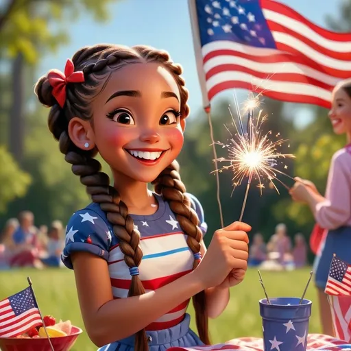 Prompt: Disney style Patriotic girl with braids and a happy smile, she is holding high an American Flag in one hand and a sparkler in the other hand vibrant colors, sunny family picnic in the background